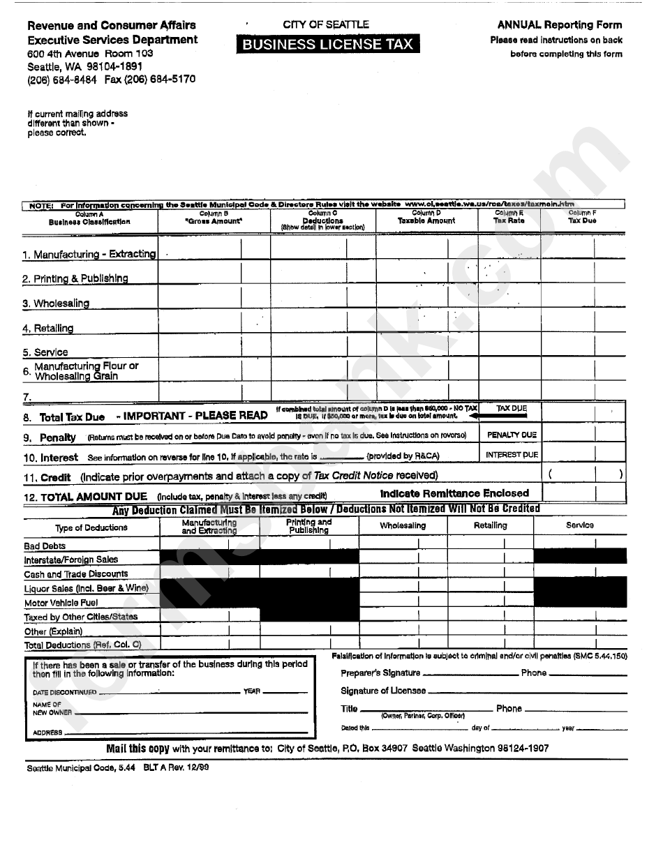 Business License Tax Form - City Of Seattle