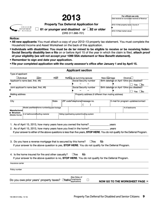 Fillable Form 150-490-014 - Property Tax Deferral Application For 61 Or Younger And Disabled Or 62 Or Older - 2013 Printable pdf