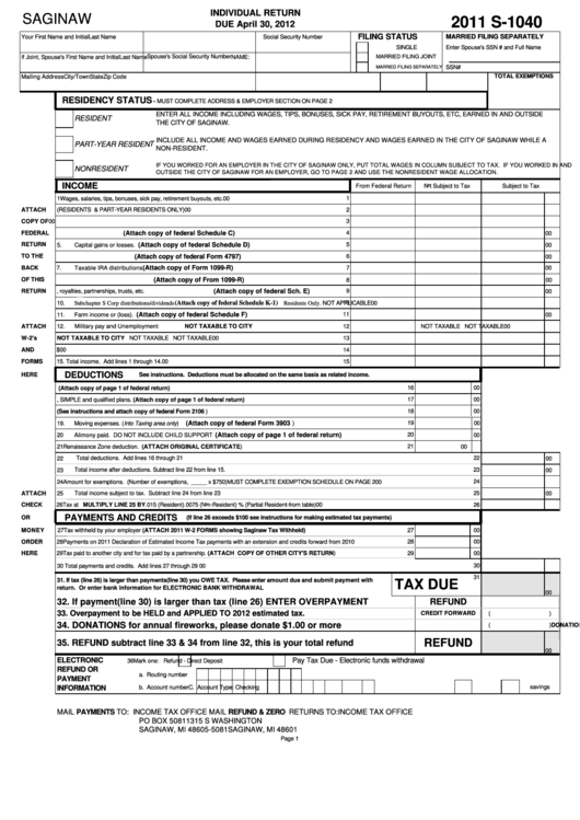 Form S-1040 - Individual Return - 2011 Printable pdf