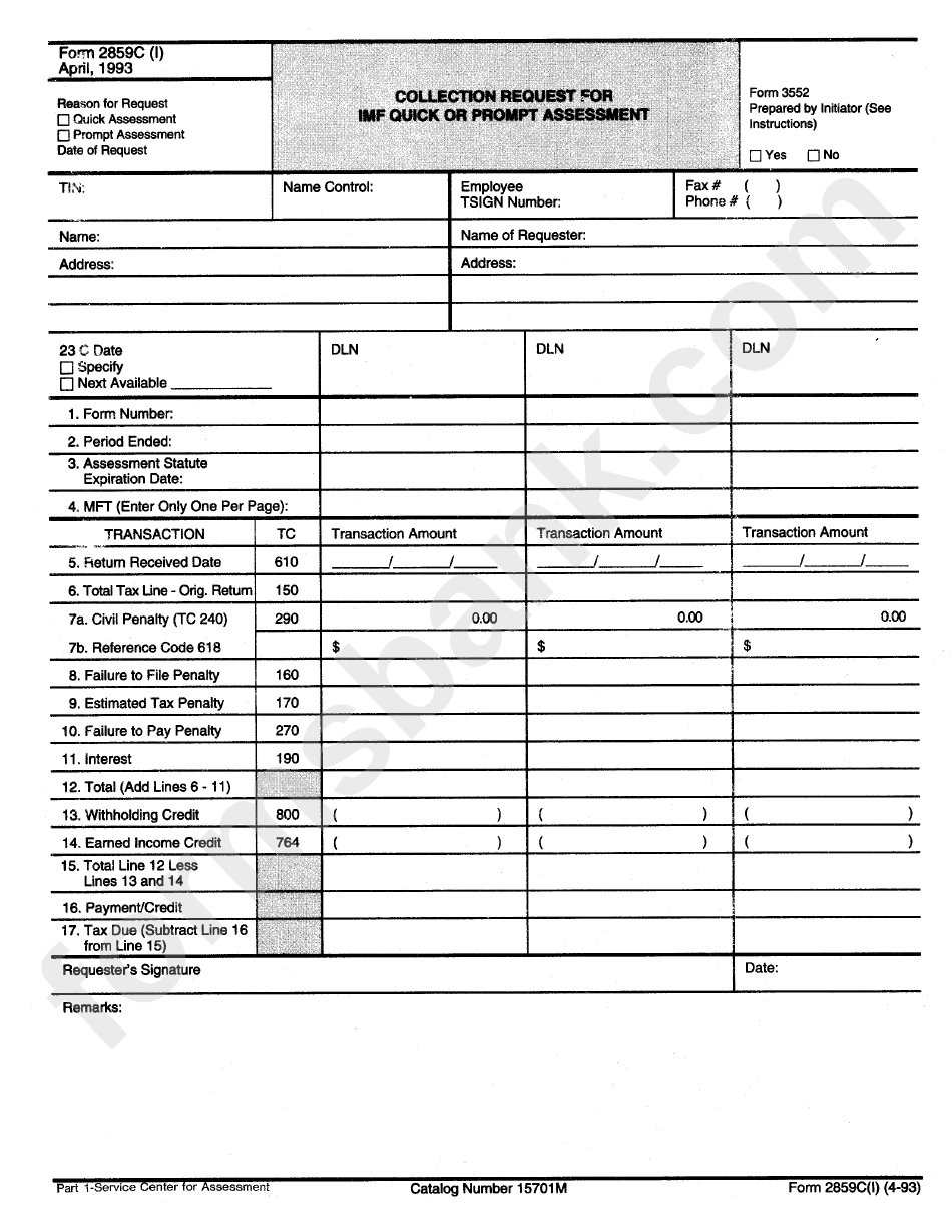 Form 2859c - Collection Request For Imf Quick Or Prompt Assessment