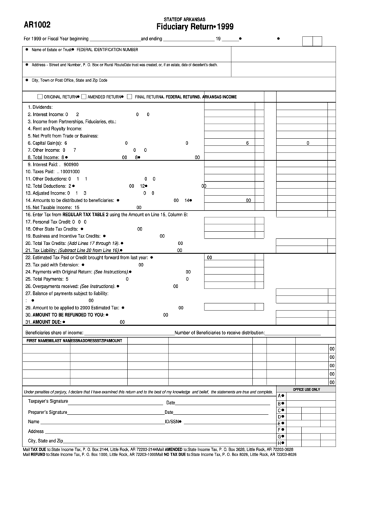 Form Ar1002 - Fiduciary Return - State Of Arkansas - 1999 Printable pdf