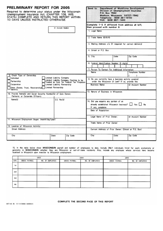 Form Uct-43 - Preliminary Report For 2005 - Wisconsin Department Of Workforce Development Printable pdf