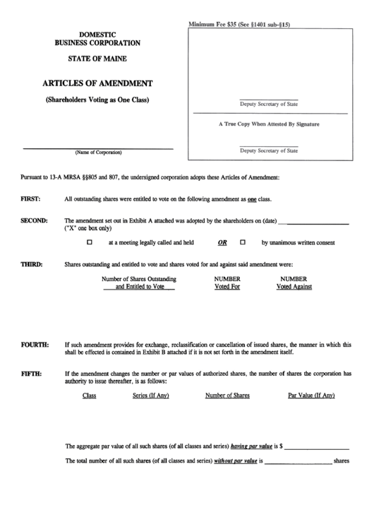 Form Mbca-9 - Articles Of Amendment - State Of Maine Printable pdf