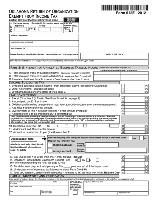 Fillable Form 512e - Oklahoma Return Of Organization Exempt From Income Tax - 2012 Printable pdf