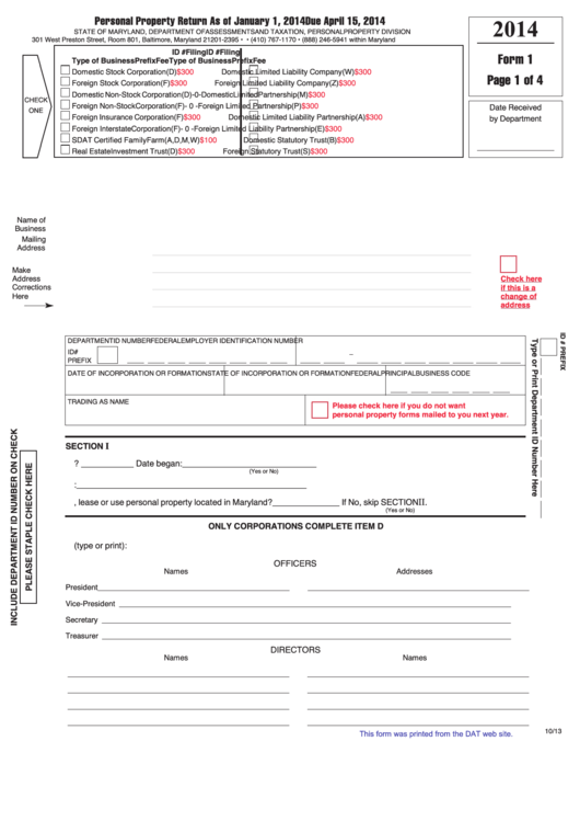 Fillable Form 1 - Personal Property Return - 2014 Printable pdf
