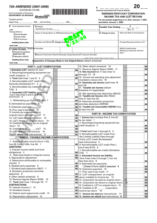 Form 720-Amended Draft - Income Tax And Llet Return - 2007-2008 Printable pdf