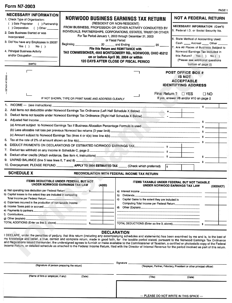 Form N7-2003 - Norwood Business Earnings Tax Return - 2003