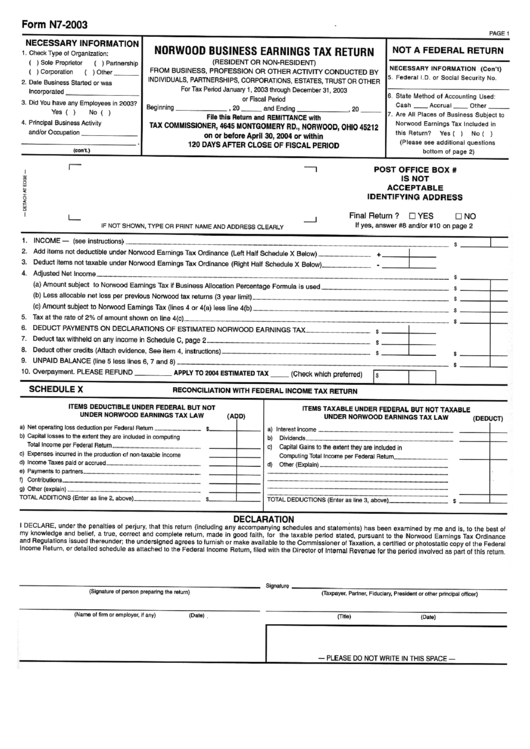 Form N7-2003 - Norwood Business Earnings Tax Return - 2003 Printable pdf