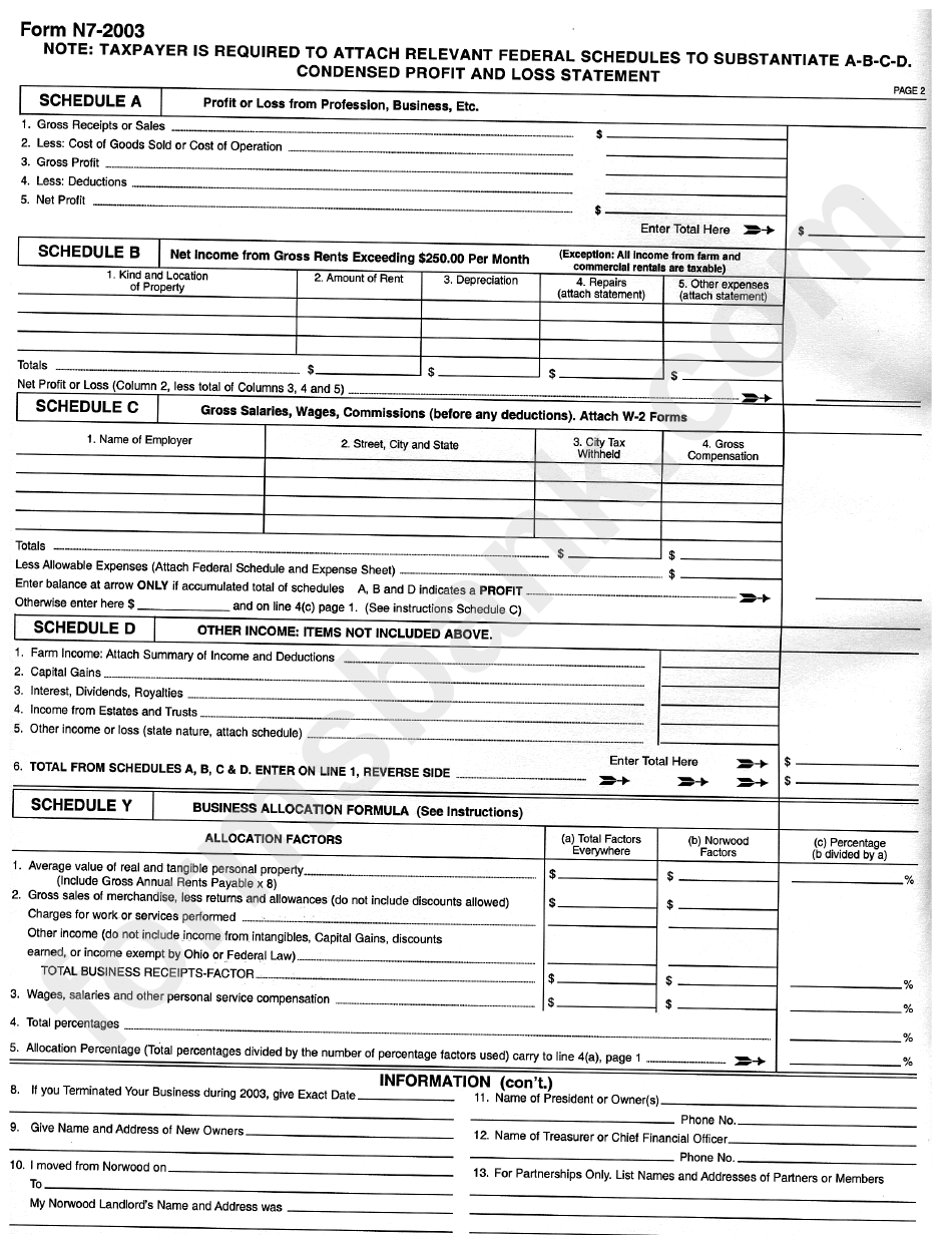 Form N7-2003 - Norwood Business Earnings Tax Return - 2003