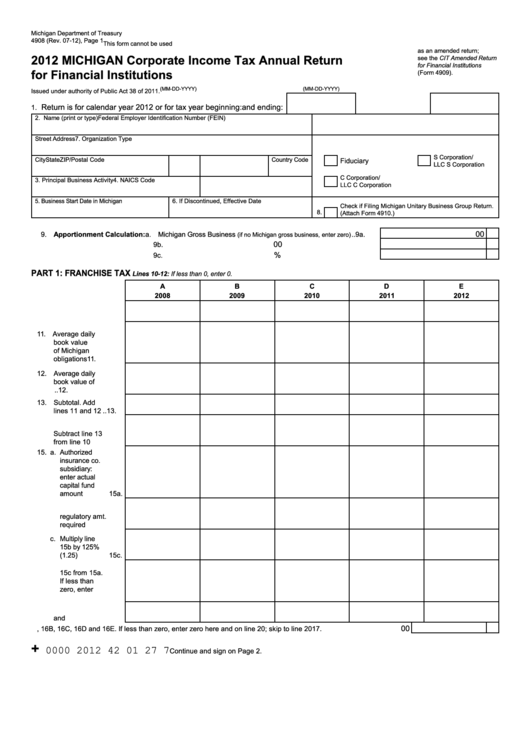 Form 4908 - Corporate Income Tax Annual Return For Financial Institutions - 2012 Printable pdf