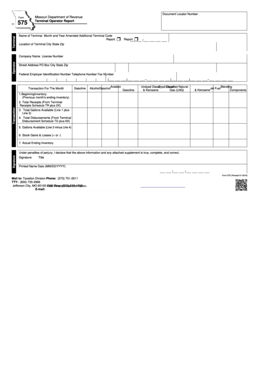 Fillable Form 575 - Terminal Operator Report - Missouri Department Of Revenue Printable pdf