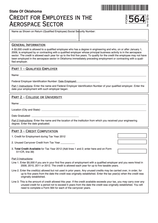 Fillable Form 564 - Credit For Employees In The Aerospace Sector - 2012 Printable pdf