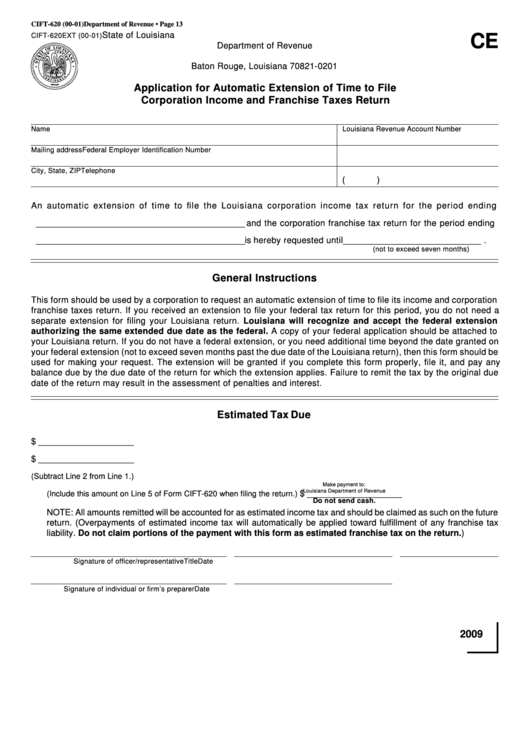 Fillable Form Cift-620ext - Application For Automatic Extension Of Time To File Corporation Income And Franchise Taxes Return - State Of Louisiana Printable pdf