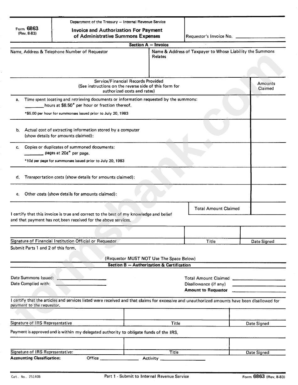 Form 6863 - Invoice And Authorization For Payment Of Administrative Summons Expenses