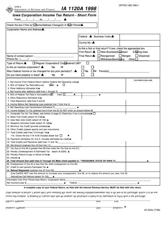 Fillable Form Ia 1120a - Iowa Corporation Income Tax Return - Short Form - 1998 Printable pdf
