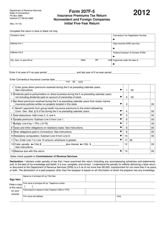 Form 207f-5 - Insurance Premiums Tax Return - Nonresident And Foreign Companies, Initial Five-Year Return - 2012 Printable pdf