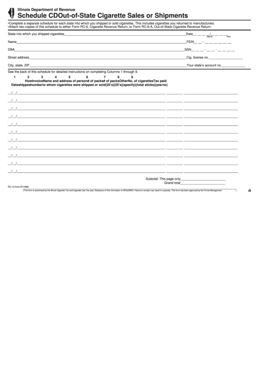 Form Rc-10 - Schedule Cd - Out-Of-State Cigarette Sales Or Shipments With Instructions (1998) Printable pdf