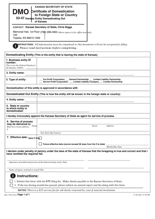 Form Dmo 53-47 - Certificate Of Domestication To Foreign State Or Country - Kansas Secretary Of State Printable pdf