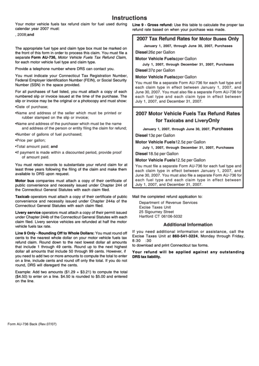 Instructions For Form Au-736 - Motor Vehicle Fuels Tax Refund Claim - Connecticut - 2007 Printable pdf