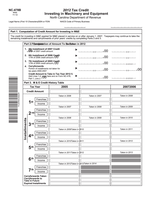 Form Nc-478b - 2012 Tax Credit Investing In Machinery And Equipment - North Carolina Department Of Revenue Printable pdf