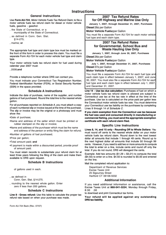 Instructions For Form Au-724 - , Motor Vehicle Fuels Tax Refund Claim - Connecticut- 2007 Printable pdf