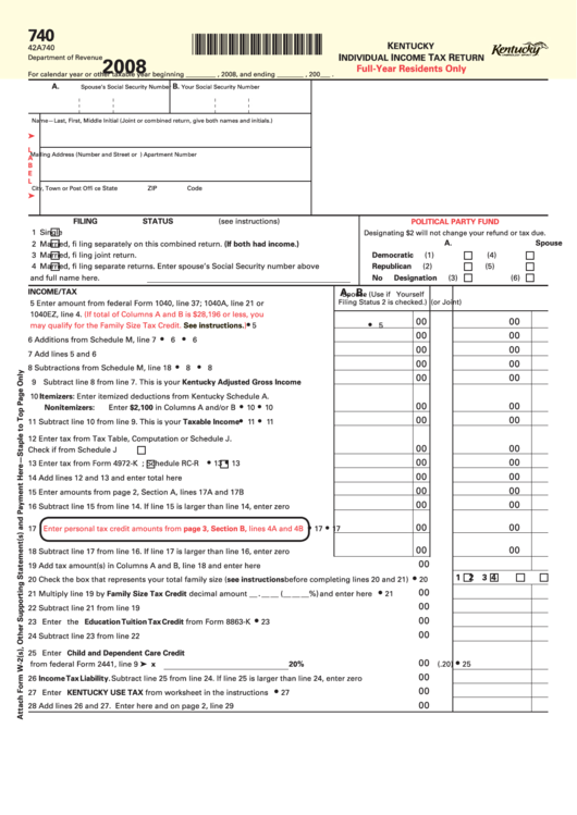 Form 740 - Kentucky Individual Income Tax Return - 2008 printable pdf