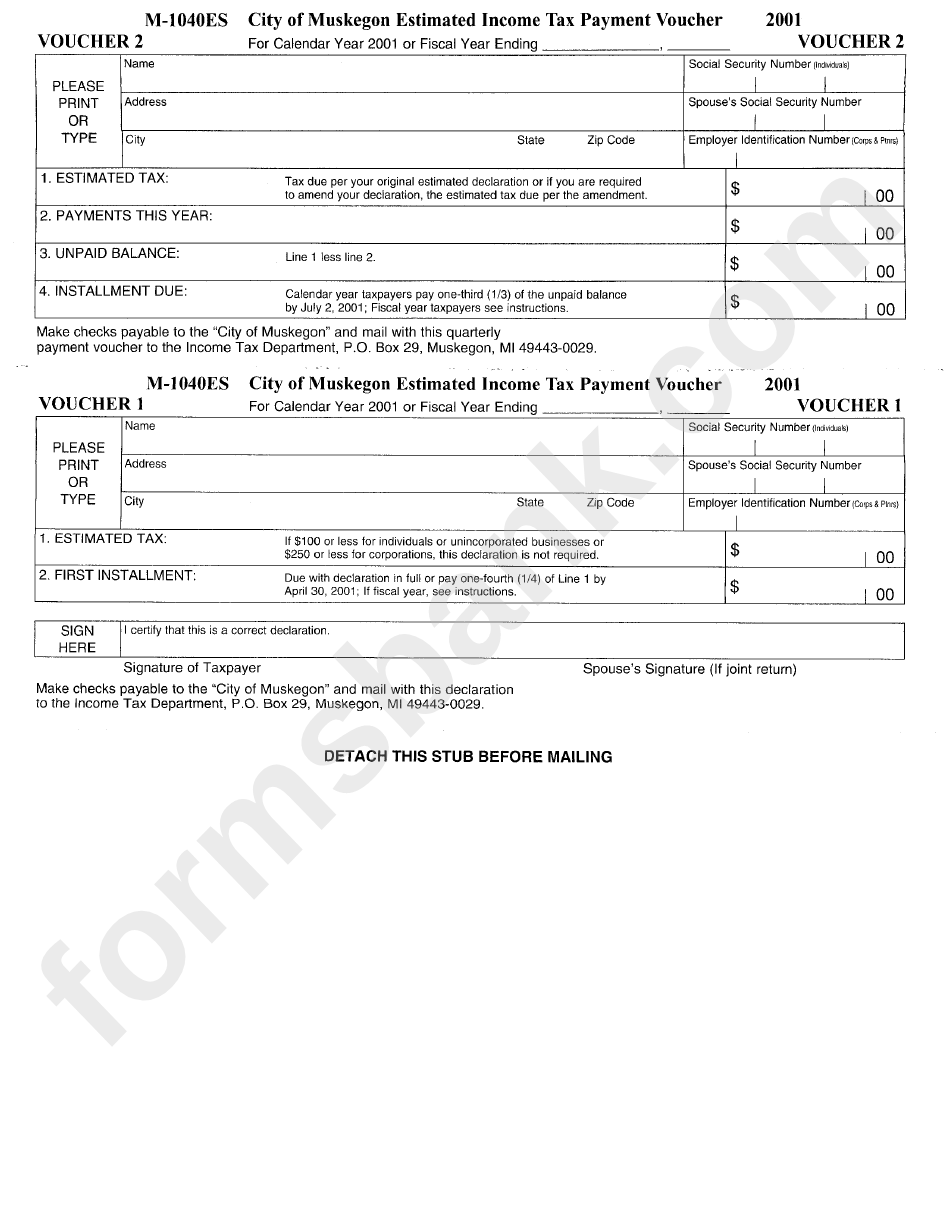 Form M1040es City Of Muskegon Estimated Tax Payment Voucher