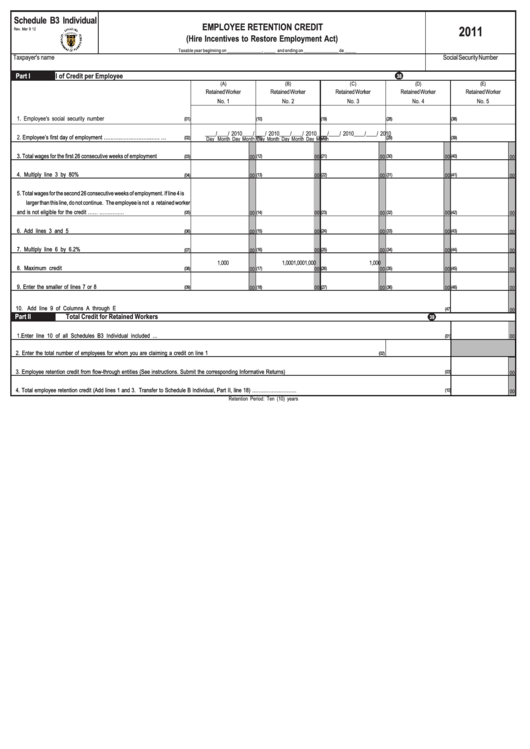 Schedule B3 Individual - Employee Retention Credit - 2011 Printable pdf