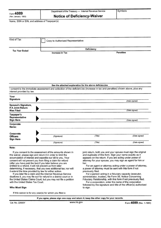 Form 4089 - Notice Of Deficiency-Waiver Printable pdf