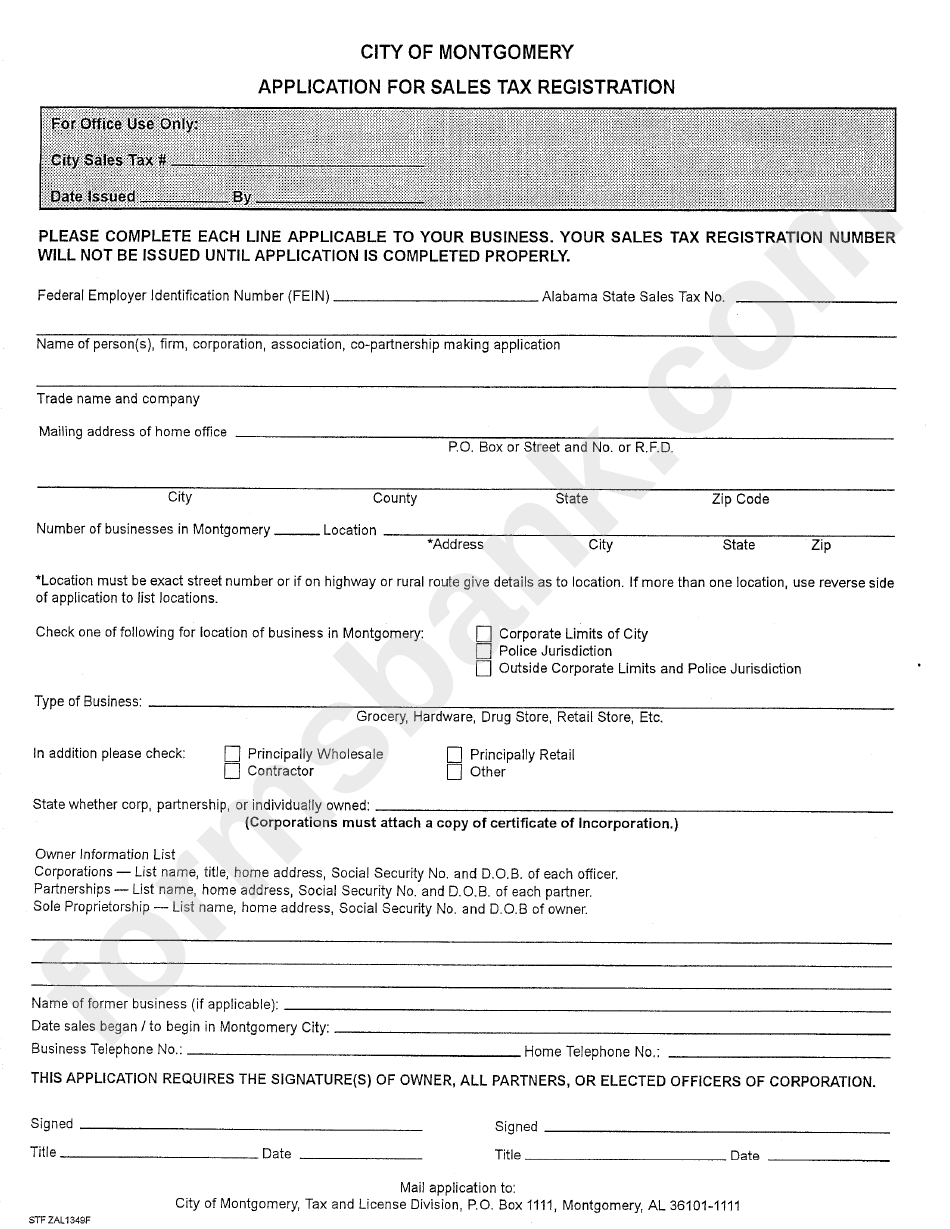 Application For Sales Tax Registration - City Of Montgomery, Alabama