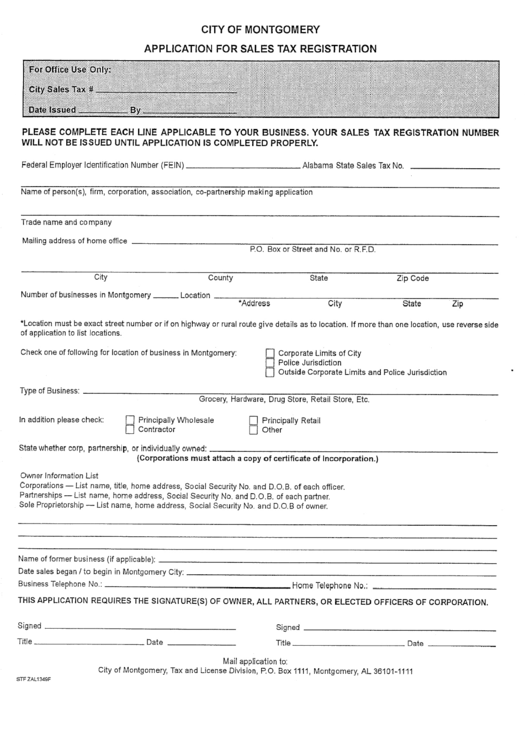 Application For Sales Tax Registration - City Of Montgomery, Alabama Printable pdf