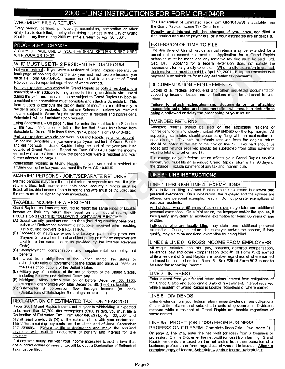 Instructions For Form Gr-1040r - Individual Return - 2000