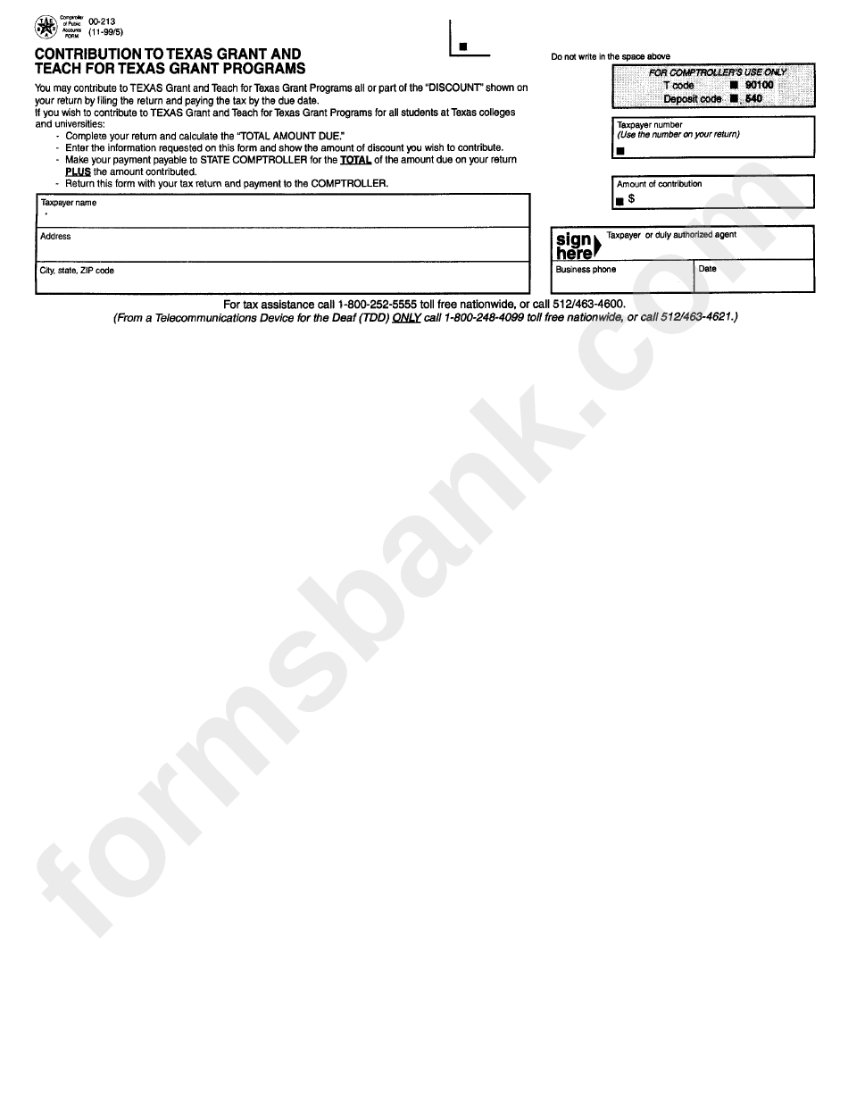 Form 00-213 - Contribution To Texas Grant And Teach For Texas Grant Program - State Of Texas