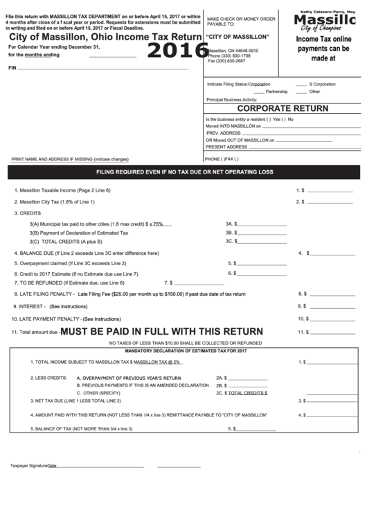 Ohio Income Tax Return - City Of Massillon - 2016 Printable pdf