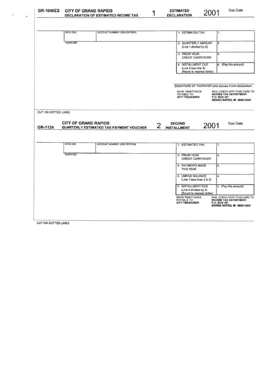 Form Gr-1040es - Declaration Of Estimated Income Tax - City Of Grand Rapids - 2001 Printable pdf