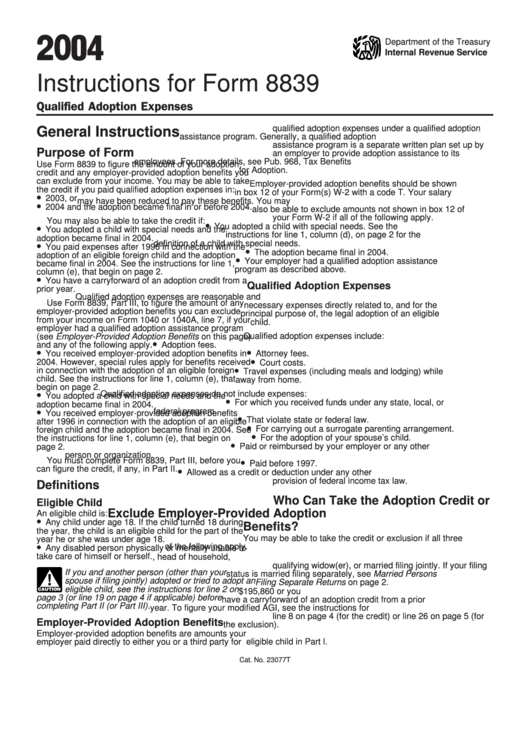 Instructions For Form 8839 - Qualified Adoption Expenses - 2004 Printable pdf
