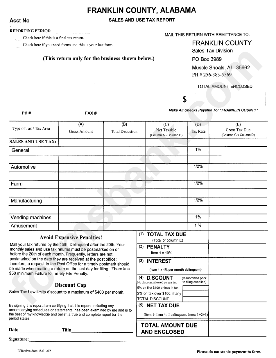 Sales And Use Tax Report Form - Franklin County, Alabama