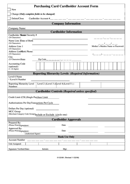 Purchasing Card Cardholder Account Form Printable pdf