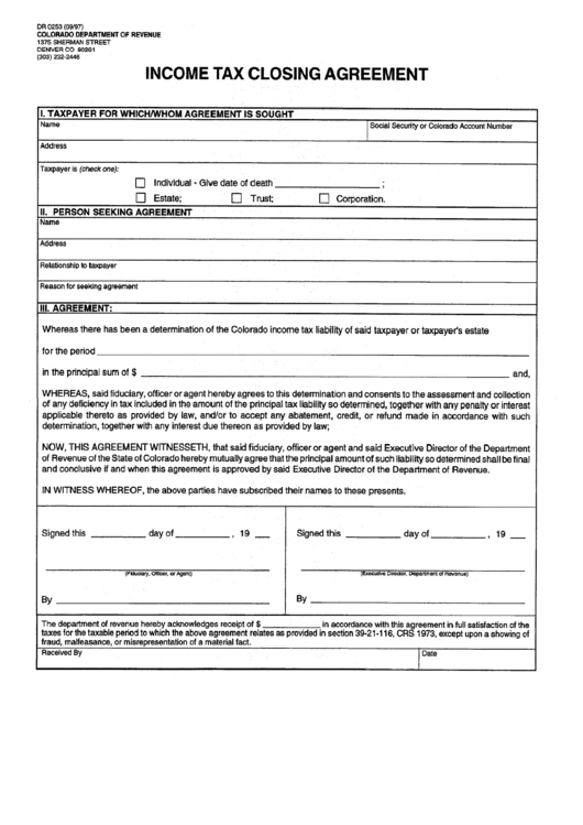 Form Dr 0253 - Income Tax Closing Agreement - State Of Colorado Printable pdf