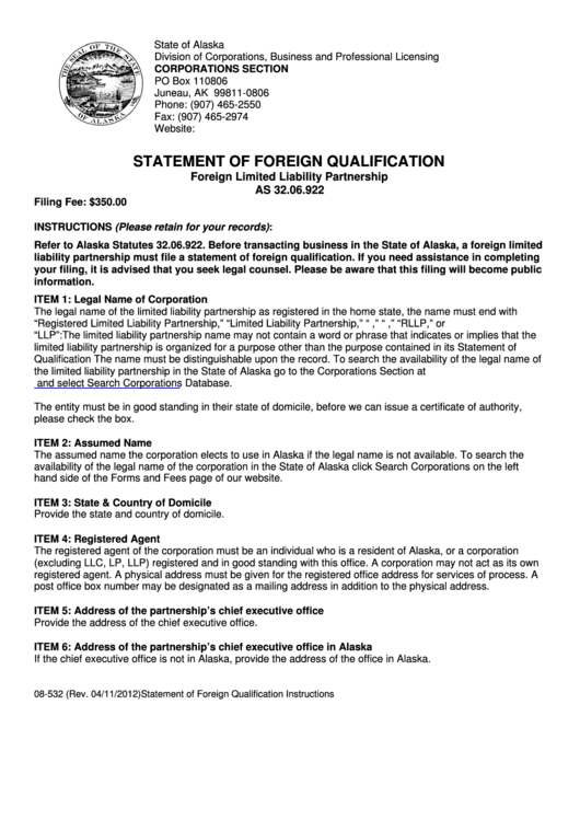 Fillable Form 08-532 - Statement Of Foreign Qualification For A Foreign Limited Liability Partnership, Form 08-561 - Contact Information Sheet - 2012 Printable pdf