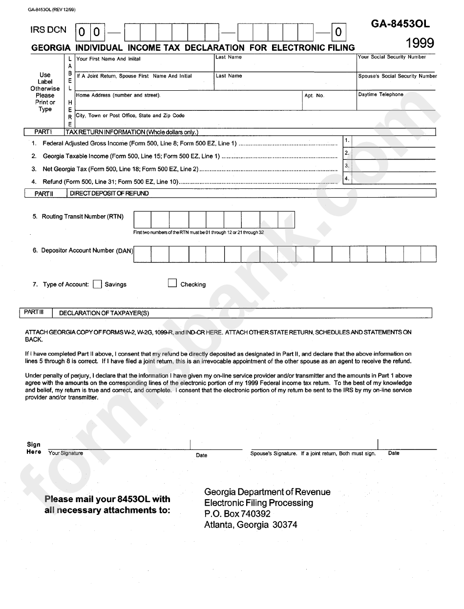 Form Ga 8453ol Georgia Individual Income Tax Declaration For