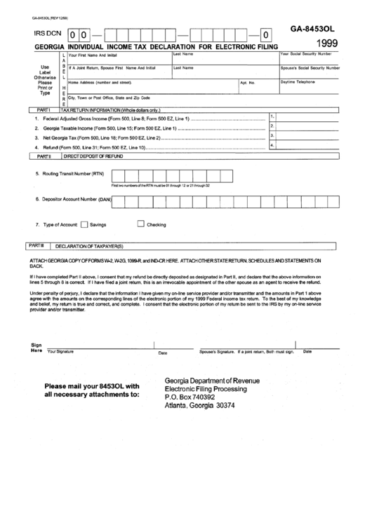 Form Ga-8453ol - Georgia Individual Income Tax Declaration For Electronic Filing - 1999 Printable pdf