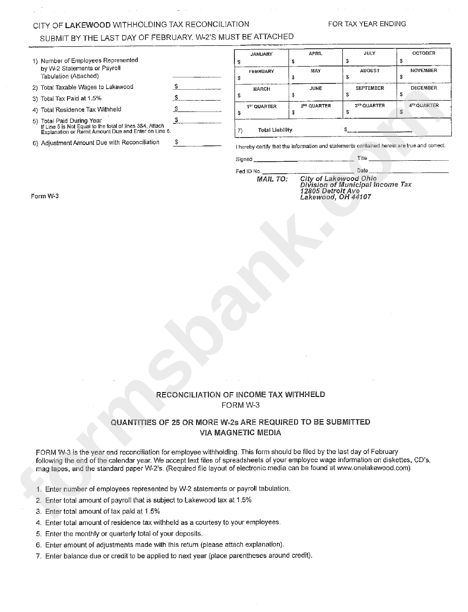 Form W3 City Of Lakewood Withholding Tax Reconciliation printable