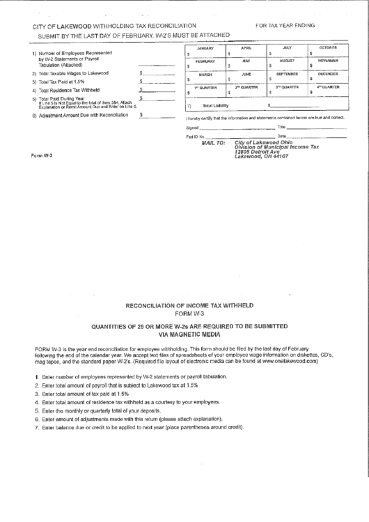 Form W-3 - City Of Lakewood Withholding Tax Reconciliation Printable pdf