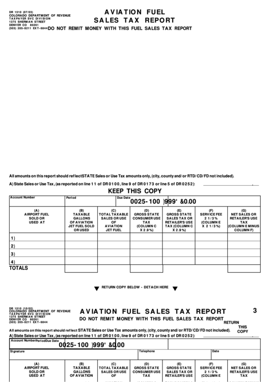 Form Dr 1510 - Aviation Fuel Sales Tax Report - Colorado Department Of Revenue Printable pdf