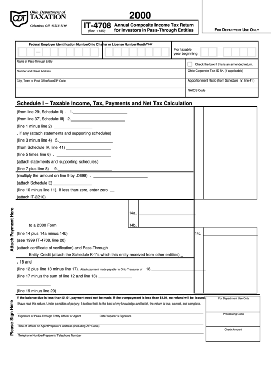 Form It-4708 - Annual Composite Income Tax Return For Investors In Pass-Through Entities 2000 - State Of Ohio Printable pdf
