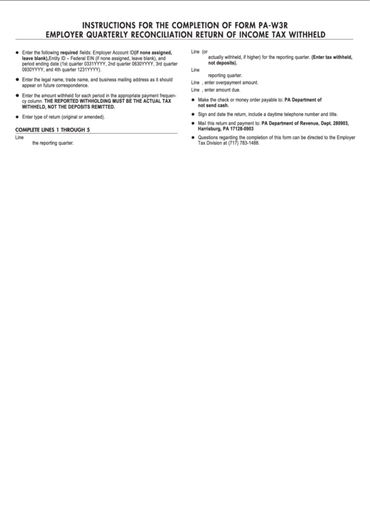 Instructions For The Completion Of Form Pa-W3r Employer Quarterly Reconciliation Return Of Income Tax Withheld - State Of Pennsylvania Printable pdf