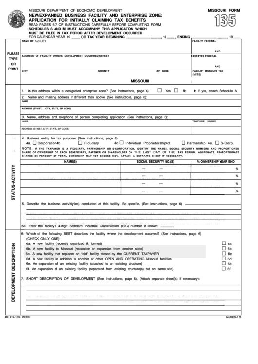 Form 135 - New/expanded Business Facility And Enterprise Zone: Application For Initially Claiming Tax Benefits - State Of Missouri Printable pdf
