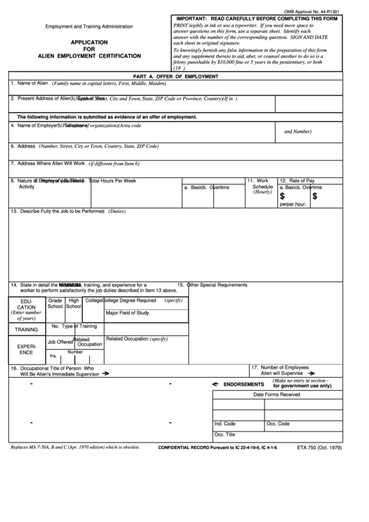 Form Eta 750 - Application For Alien Employment Certification Printable pdf