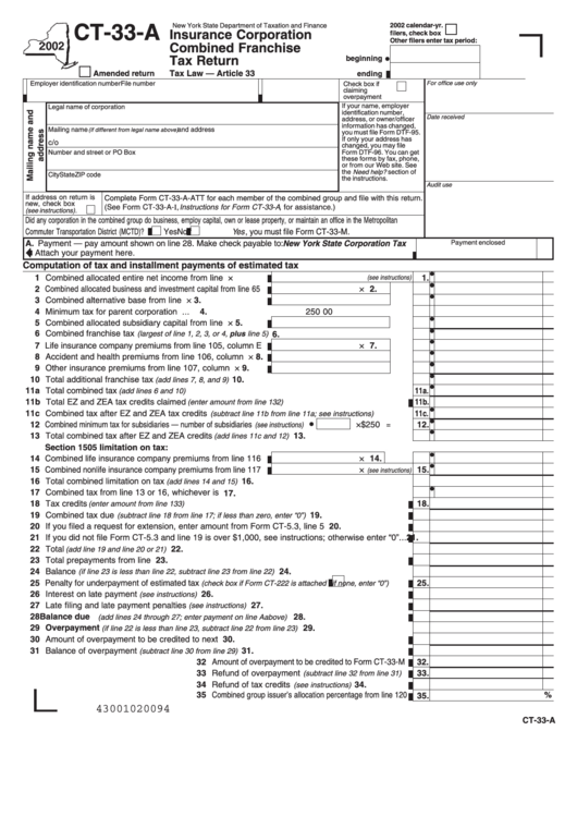 Fillable Form Ct-33-A - Insurance Corporation Combined Franchise Tax Return 2002 - New York State Department Of Taxation And Finance Printable pdf